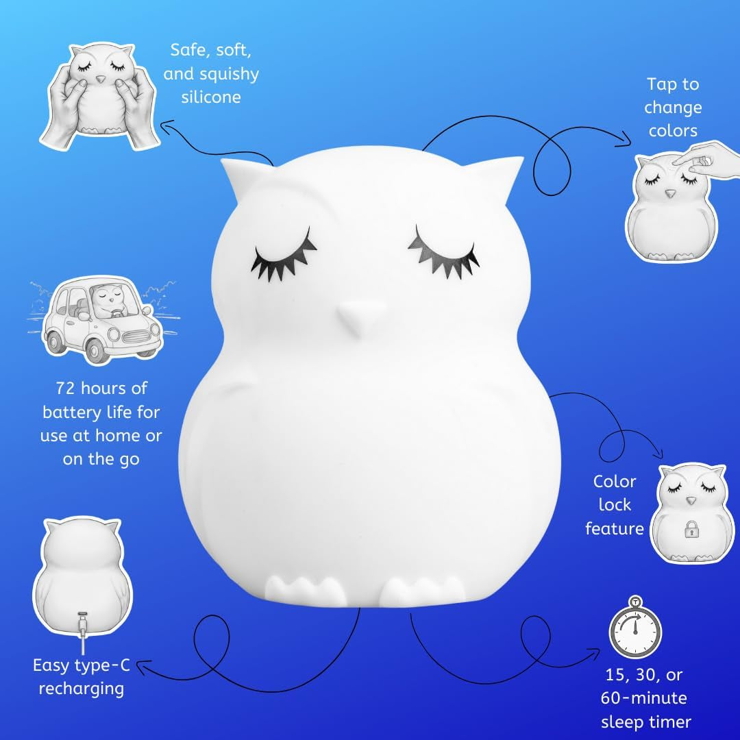 Remote Control Silicone Night Light for Kids - Owl Design with 9 Soft Colors & Sleep Timer - Rechargeable, Battery-Operated Lamp for Bedroom | Baby Nursery, Toddler, Girls, Boys