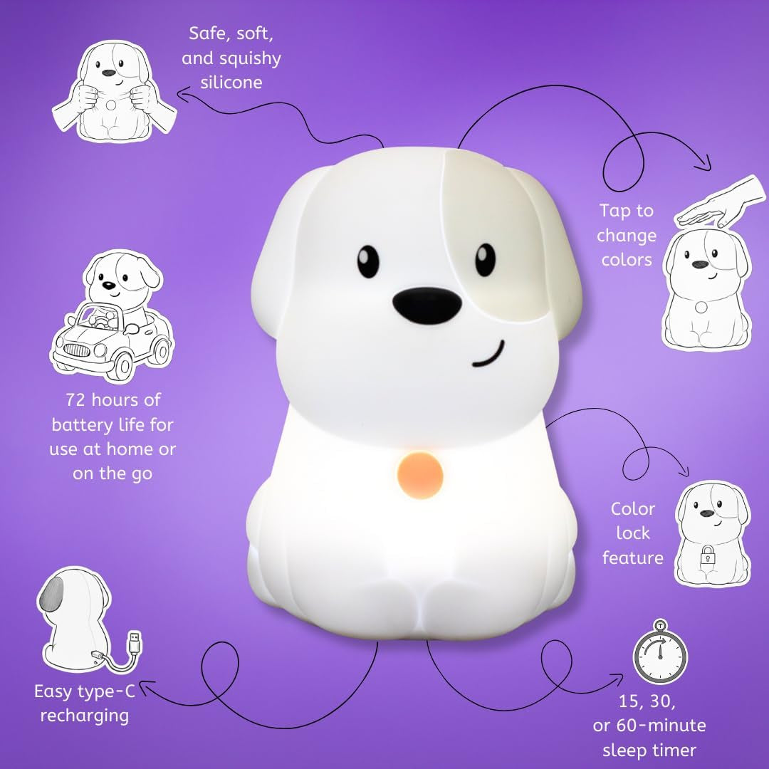 Pepper the Puppy Dog Squishy Silicone Night Light for Kids | Cute Night Light with Remote & Touch Control for Baby & Toddler Bedrooms | Color Changing Animal Lamp | Soft Portable Nightlight