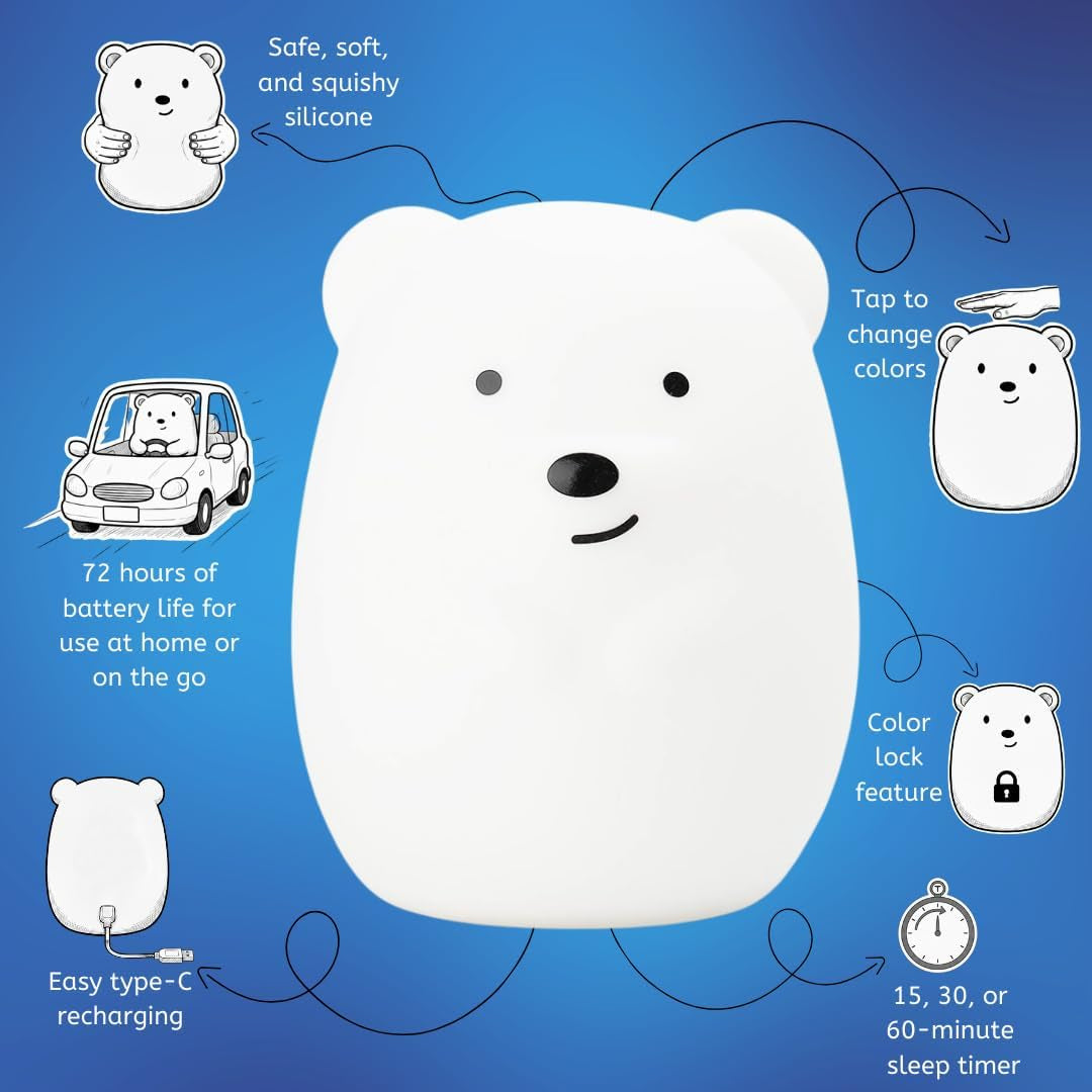 Benny the Bear Squishy Silicone Night Light for Kids | Cute Night Light with Remote & Touch Control for Girls & Boys | 9 Color Changing Soft Portable Animal Lamp Comes with USB Cord